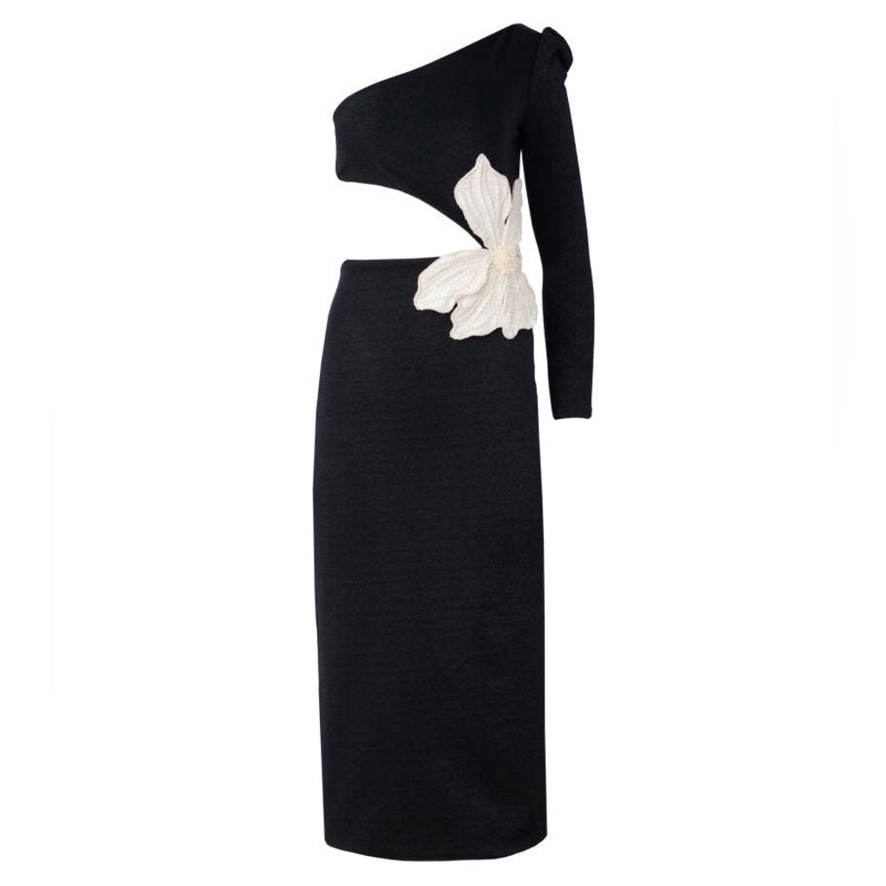One-Shoulder Black Dress with White Floral Accent - Picture 4 of 7